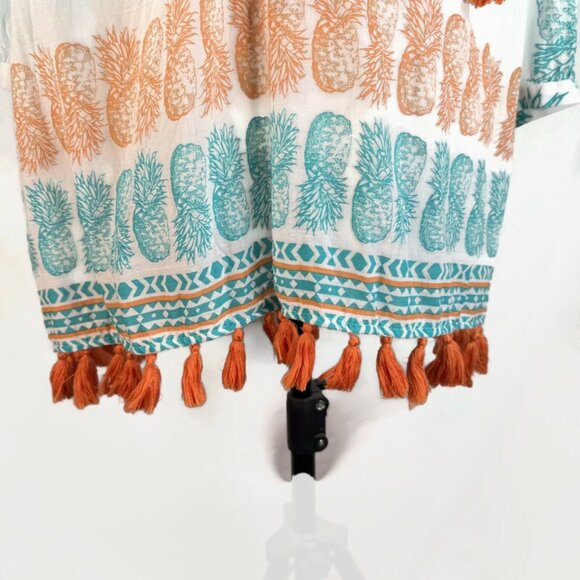 Crown & Ivy Womens Med Pineapple Shirt White with Green Pineapple Orange Fringe - Picture 5 of 9